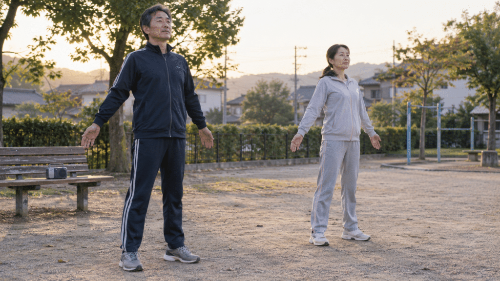 朝の公園で無理のない動きで体操する二人のイメージ