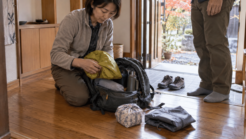 山歩きの前に雨具・飲み物・昼食を準備する家族のイメージ