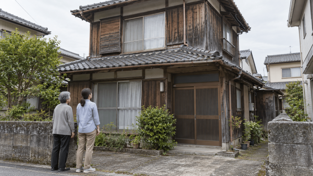 古い木造住宅の外観を見ながら今後を相談する家族