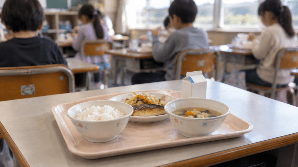 教室の机に置かれた一般的な学校給食のイメージ