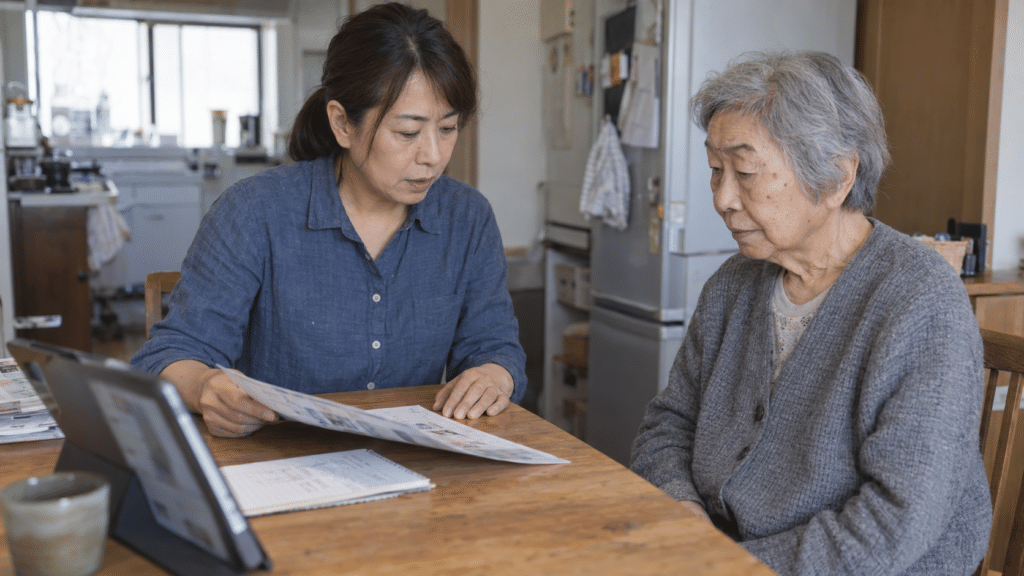 母と娘が自宅で介護サービスの予定と連絡先を確認する架空の写真調場面