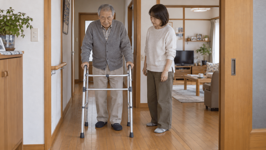 自宅の木質床の廊下で歩行器の使い心地とスペースを確認する家族のイメージ
