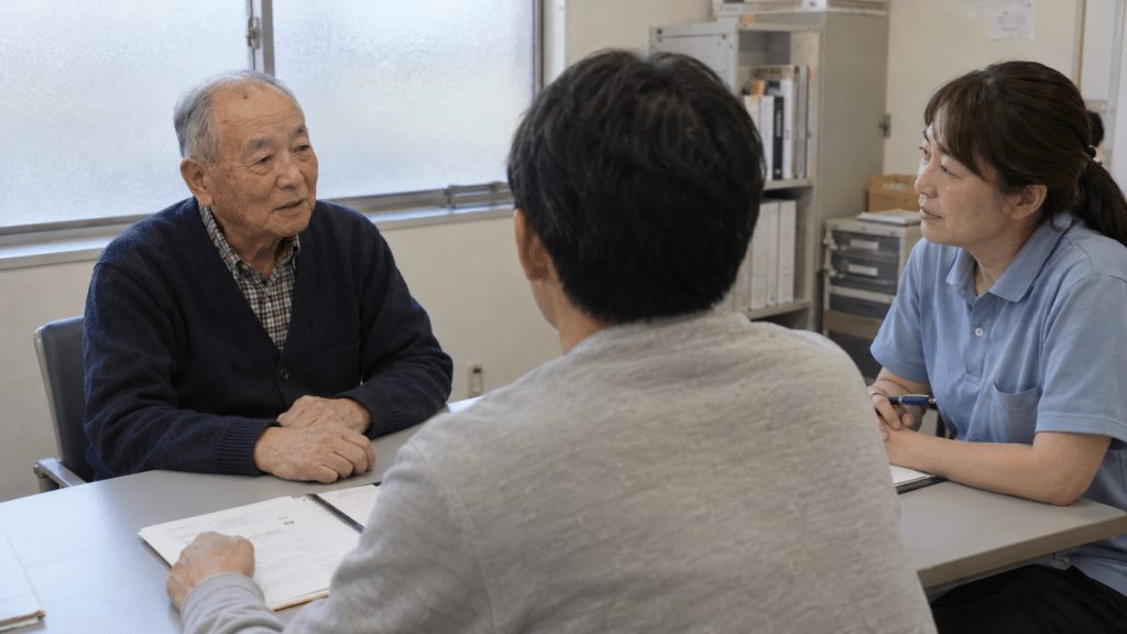 高齢者本人が家族と支援者に暮らしの希望を話す架空の写真調相談場面