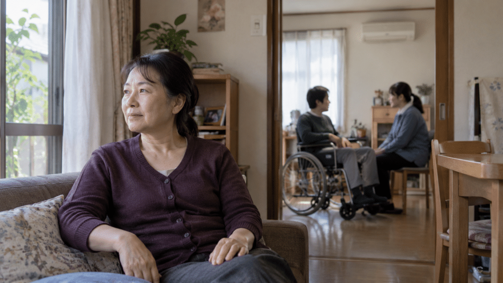 家族の支援を別の人に任せて窓辺で休む介護者の架空の写真調場面