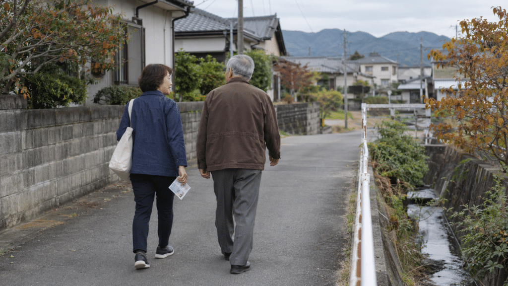地域の音楽行事へ向かう家族を描いた架空の写真調の外出場面