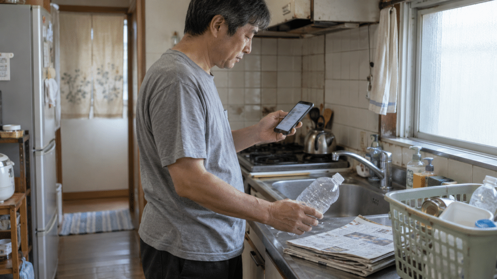 自宅の台所でスマートフォンを確認しながらごみ出しを準備する架空の写真調場面