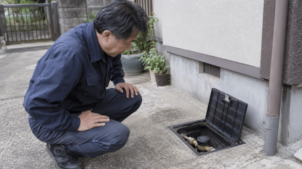 家庭の水道メーターボックスを確認する架空の写真調場面