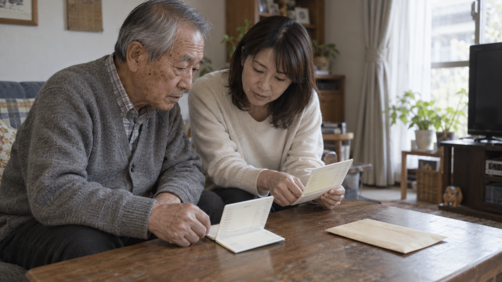 高齢の本人と家族が自宅で二つの通帳を見比べる様子