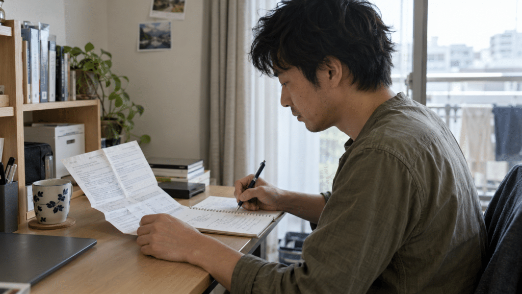 過去の年金通知を見ながらノートへ確認事項を書く人