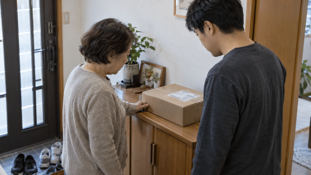 届いた未開封の荷物を玄関で家族と確認する高齢の女性