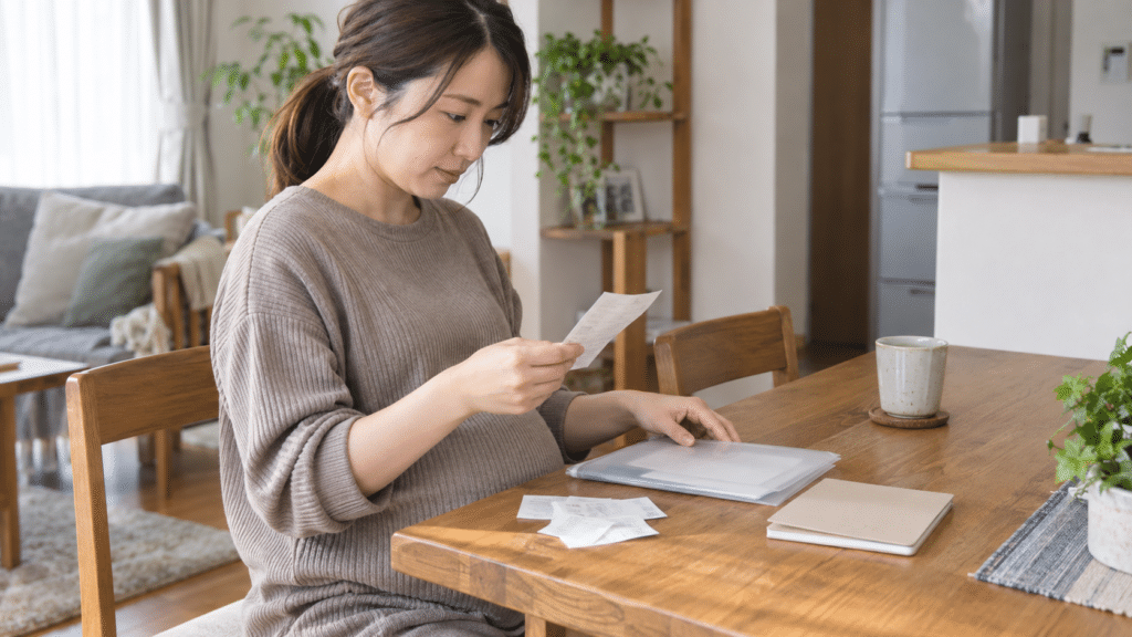 健診費用の領収書と手帳を整理する妊婦の架空イメージ