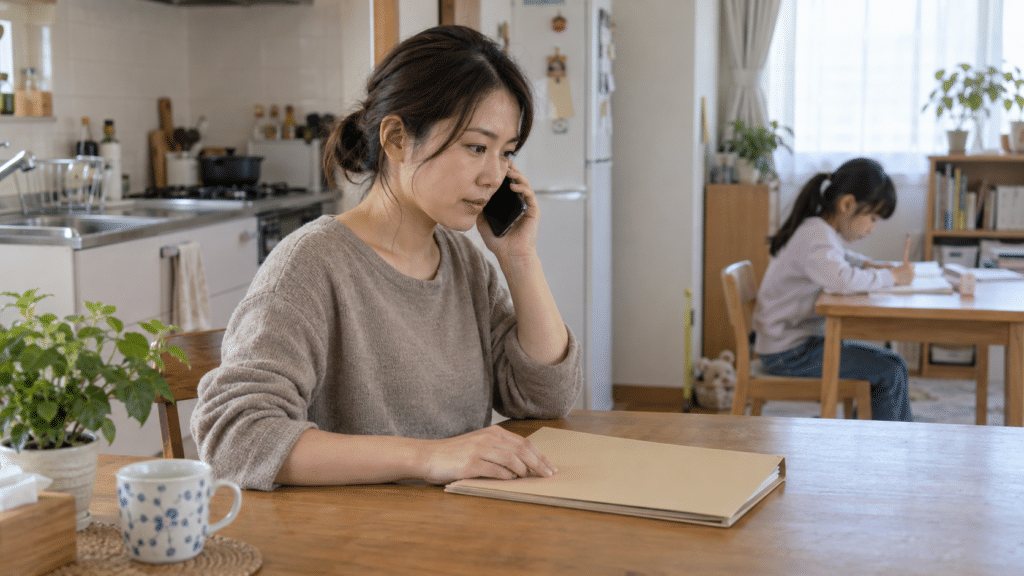 子どもが過ごす自宅で養育費の取決めに関する相談を準備する保護者の架空イメージ