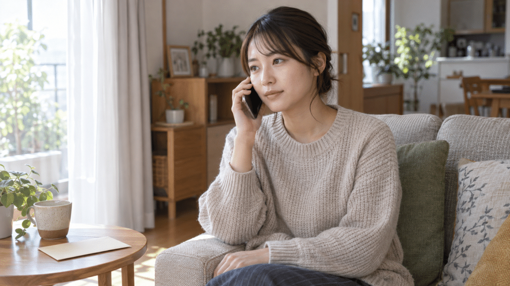 自宅のソファで電話相談をする女性