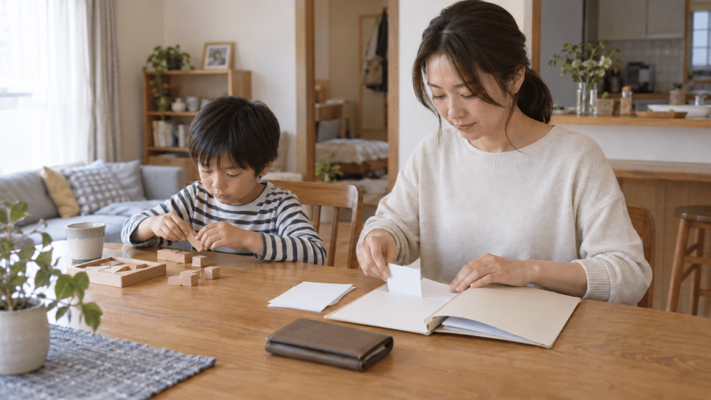 子どものそばで受診後の書類を整理する母親