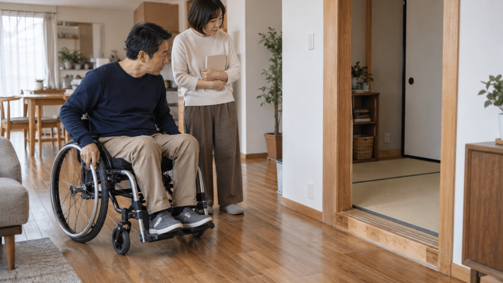 家族と自宅の段差を確認する車椅子の男性