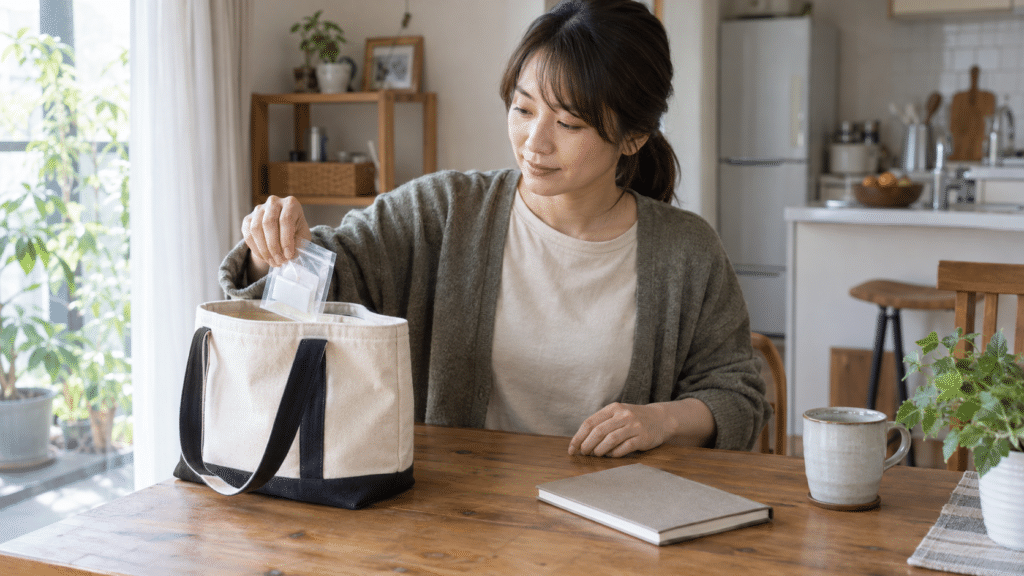 通院に備えて薬の袋をバッグに入れる女性