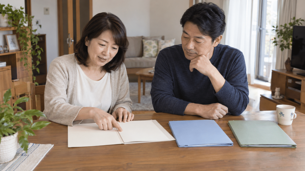 自宅で医療費に関する資料を整理する夫婦