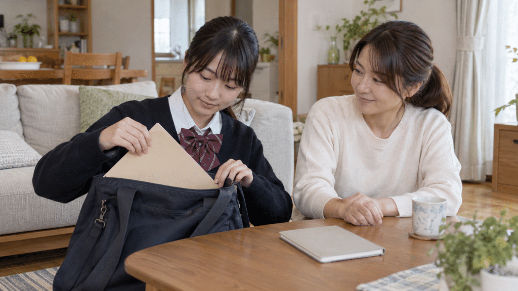 母親と一緒に通院用のファイルをバッグに入れる10代の子