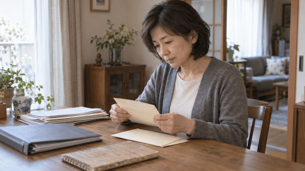 自宅で家族の書類や封筒を整理する女性