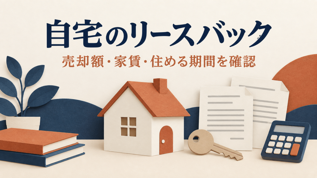 リースバックの売却額・家賃・居住期間の確認を促す家と契約書のイラスト