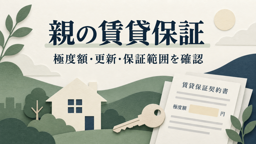 親の賃貸保証の極度額・更新・保証範囲を確認する契約書と鍵のイラスト