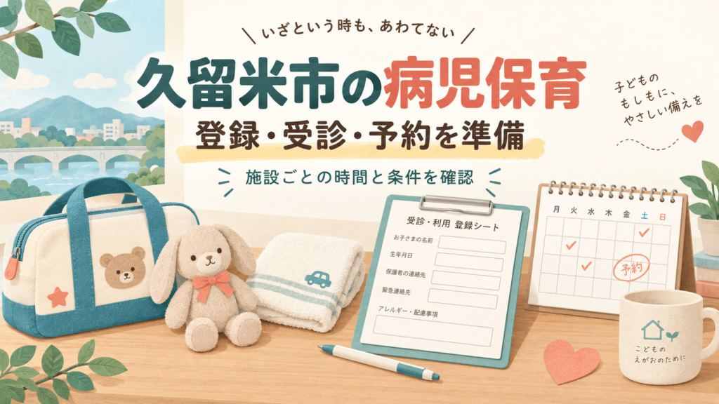 久留米市の病児保育の登録・受診・予約準備を案内するかばんと書類のイラスト