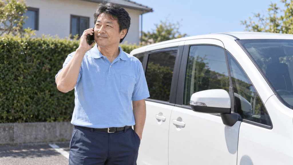停車中の送迎車のそばで電話連絡をする職員のイメージ