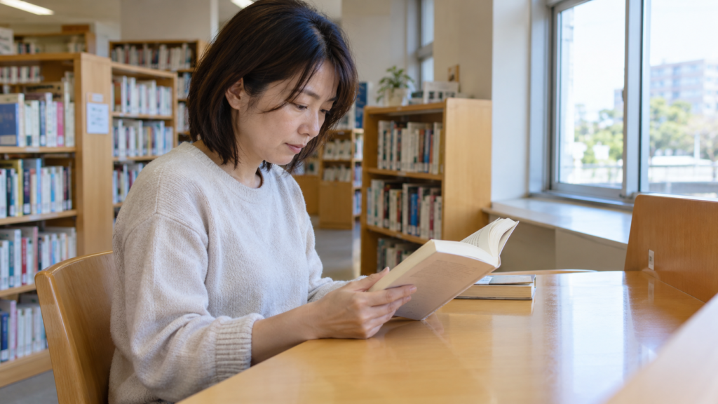 図書室の閲覧席で本を読む女性