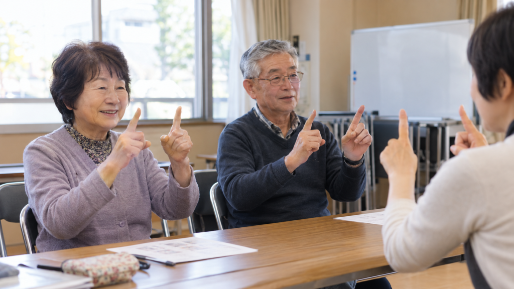 地域の集まりで指の体操に取り組む大人たち