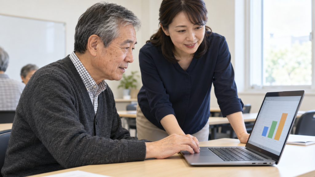 表計算のグラフを見ながら説明を聞くシニアの受講者