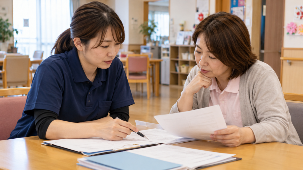 介護施設の机で書類を見ながらケアプランを検討する職員