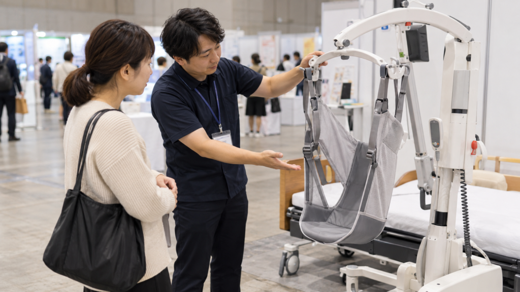 展示された介護機器について説明を聞く来場者