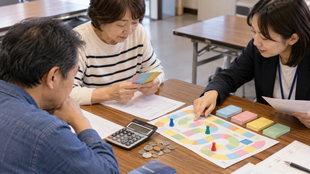 ゲーム盤や電卓を囲んで家計について話し合う大人たち