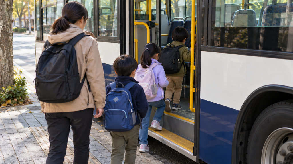 大人に付き添われ、路線バスに乗り込む子どもたち