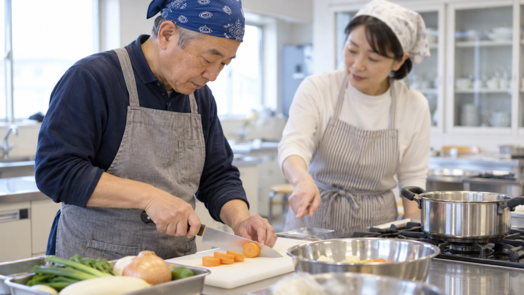 調理実習室で野菜を切る男性と、そばで教える大人