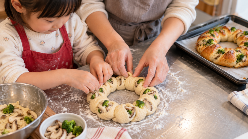 親子で輪の形に整えるパン生地と、焼き上がったリースパン