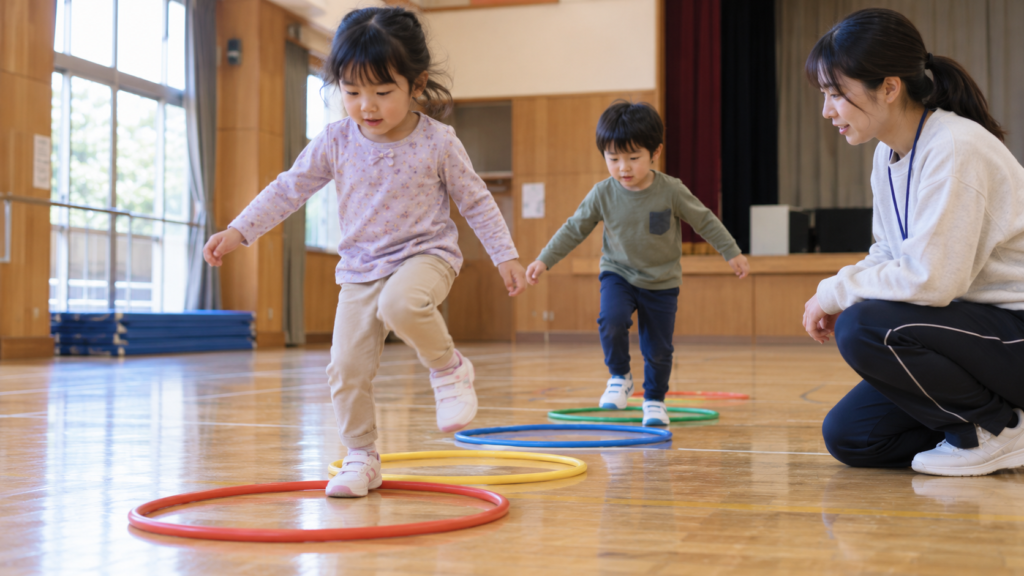 室内の低い輪をまたいで体を動かす子どもと、見守る大人