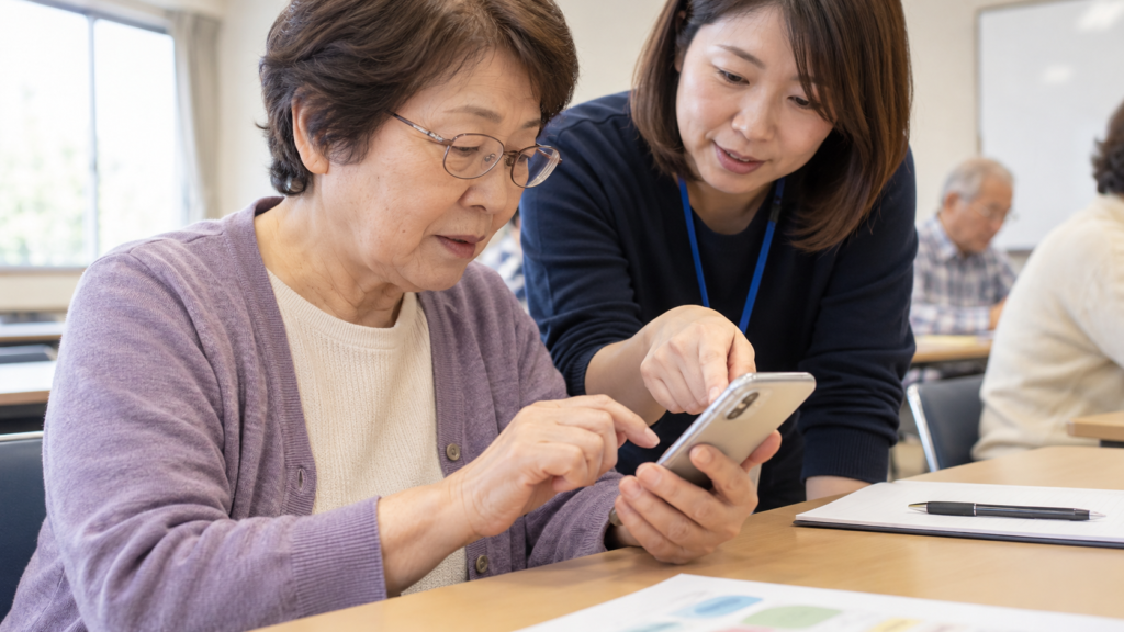 学習室でスマートフォンの操作を教わるシニア