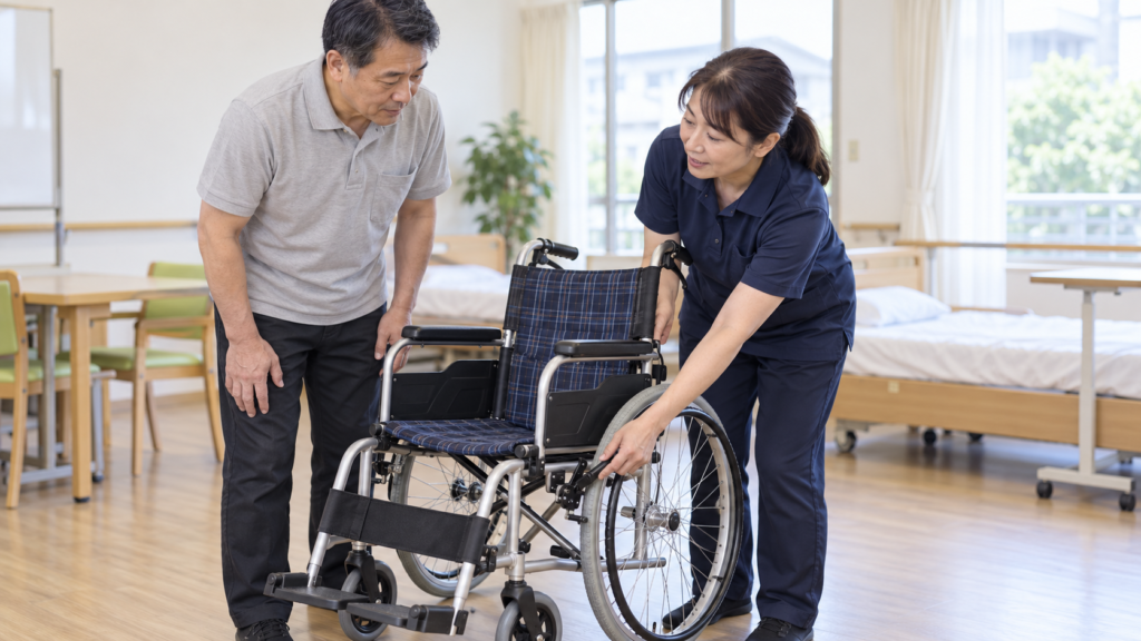 車椅子のブレーキ操作について説明を受ける中高年の受講者