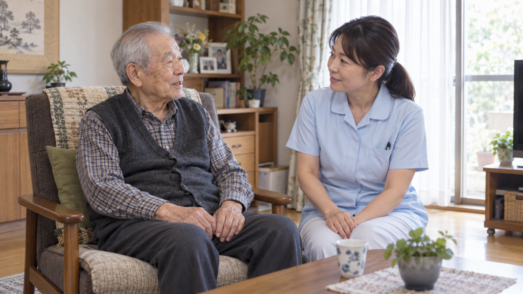 自宅の居間で高齢男性の話を聞く訪問看護師