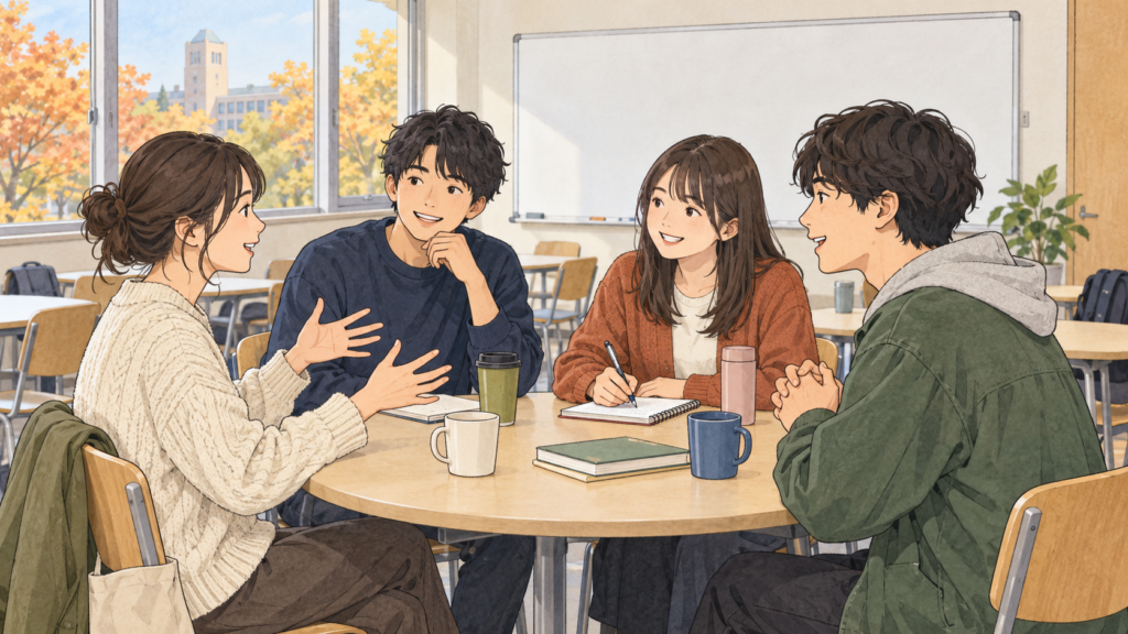 教室の丸いテーブルを囲み、話を聞いたりメモを取ったりする学生