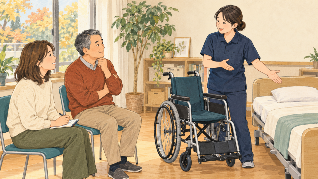 介護用ベッドと車椅子を使った入門講座で説明を聞く受講者