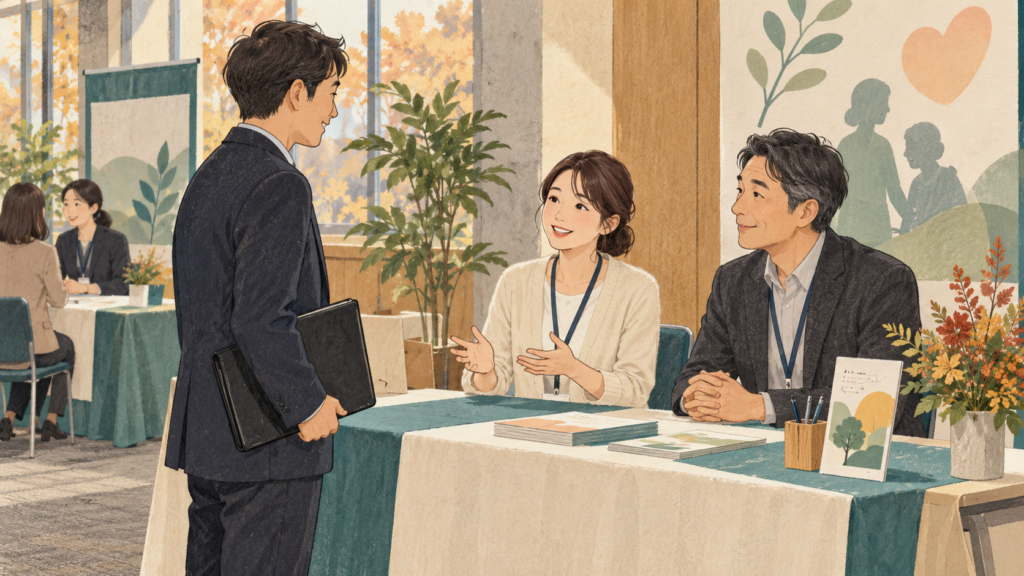 大学を紹介するブースで、大学関係者と話す企業の担当者
