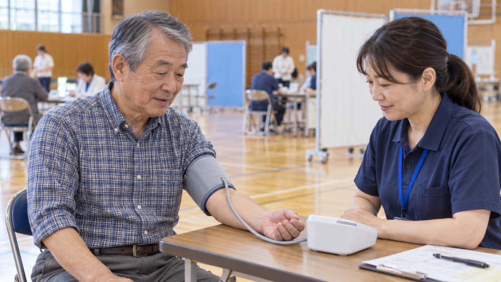 健康測定の会場で腕にカフを巻き、血圧を測る高齢男性