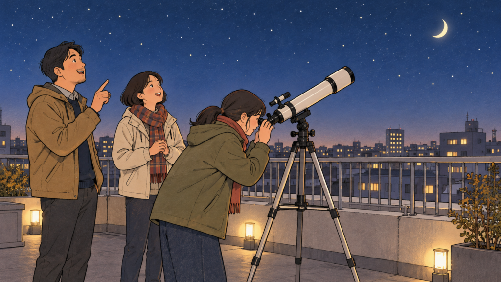 屋上で望遠鏡をのぞく人と夜空を見上げる人たち