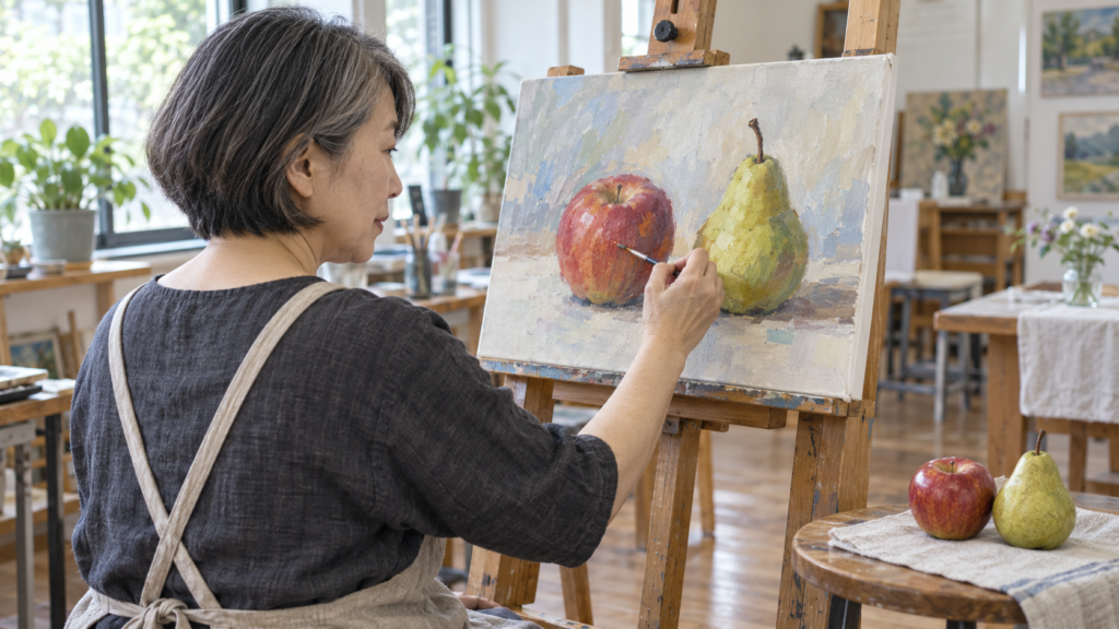 静物を見ながら絵筆を動かす絵画教室の受講者
