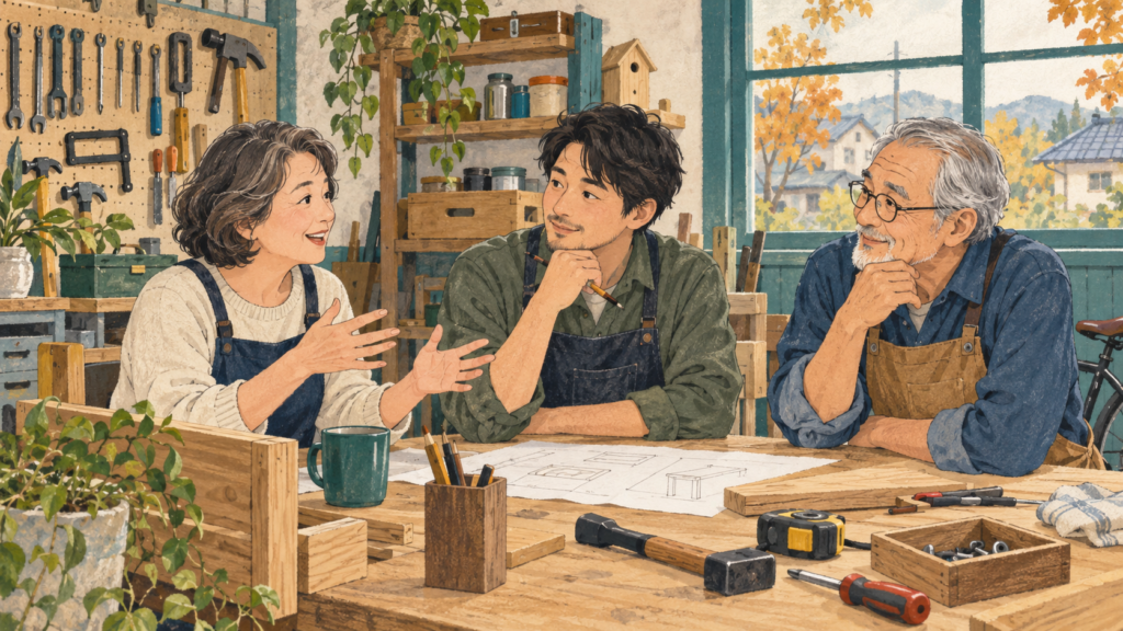共同の作業場で役割や仕事について話し合う三人