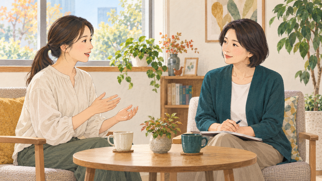 落ち着いた場所で相談者の話に耳を傾ける女性