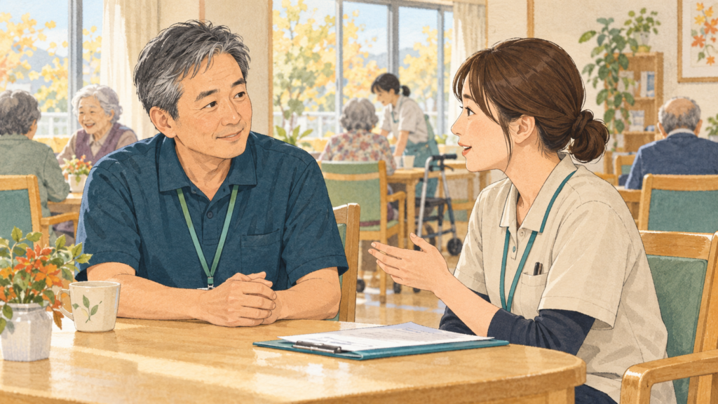 介護職員の報告を聞き、情報を共有する管理者