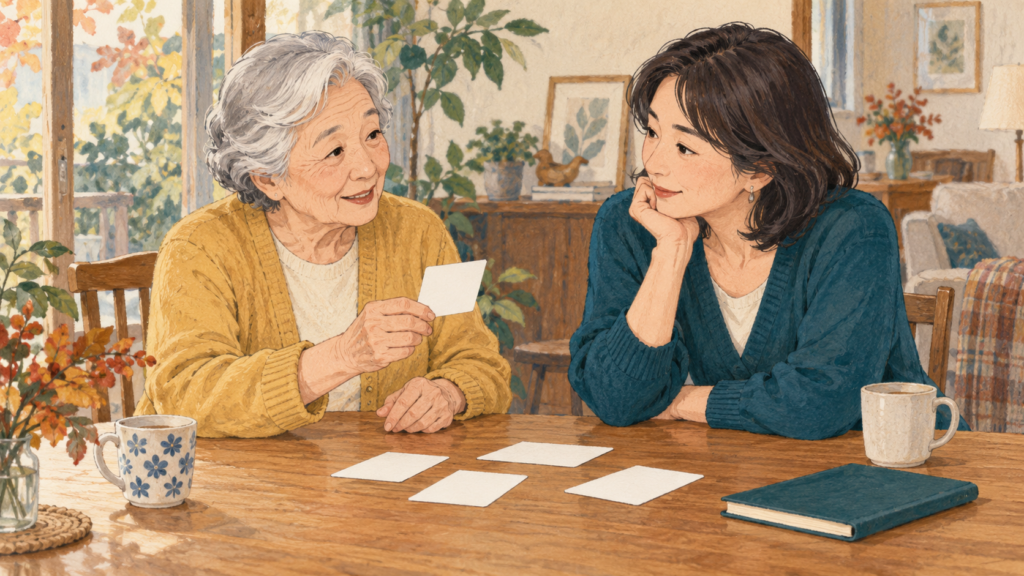 カードを使って話す年代の異なる二人と、卓上のノート